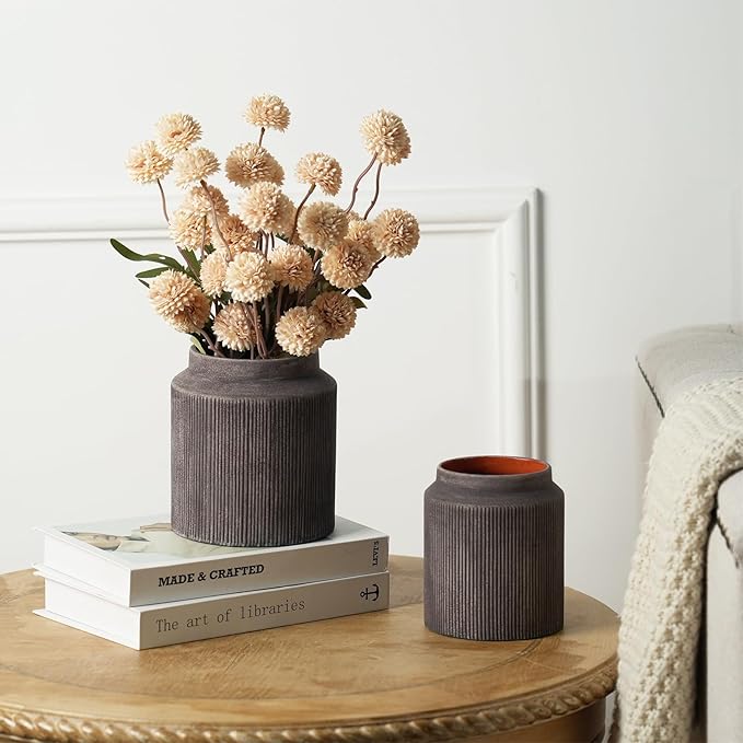 Rustic Ceramic Vase Set of 2, 5.9in Ceramic Flower Vase for Home Decor, Brown Terracotta Pottery Vase Decorative for Living Room, Coffee Table, Farmhouse, Fixwal