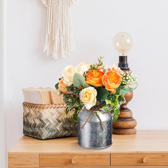 Domensi 5.12 Inch Farmhouse Metal Flower Vase Decor Rustic Galvanized Milk Can Jug Vase with Bow Flower Buckets for Table Centerpiece Fall Halloween Wedding Home Dinging Room Decor(Iron Color,6 Pcs)