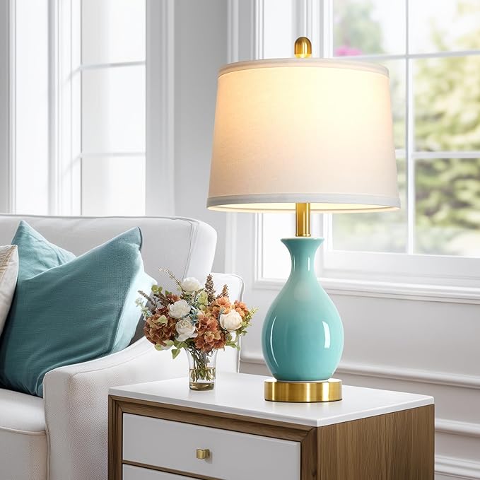 24" Bedroom Table Lamps Set of 2, Modern Classic Ceramic Lamps for Living Room, Small Bedside Table Lamp for Nightstand or End Table, Aqua Blue (2 LED Bulbs Included)