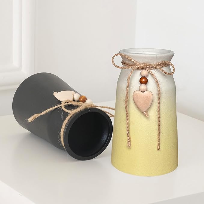 6-Inch Ceramic Flower Vase with Jute Rope & Heart Charm | Perfect for Boho, Farmhouse & Modern Home Décor, Yellow