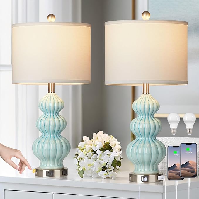 Ceramic Table Lamps Set of 2, Green Modern Bedside 26" Nightstand Lamp 3-Way Dimmable Lamp for Bedroom Living Room Contemporary, Side Table Lamp, Bulbs Included
