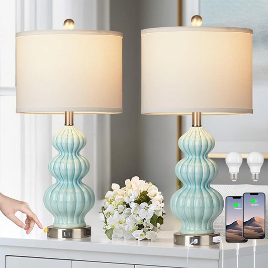 Ceramic Table Lamps Set of 2, Green Modern Bedside 26" Nightstand Lamp 3-Way Dimmable Lamp for Bedroom Living Room Contemporary, Side Table Lamp, Bulbs Included