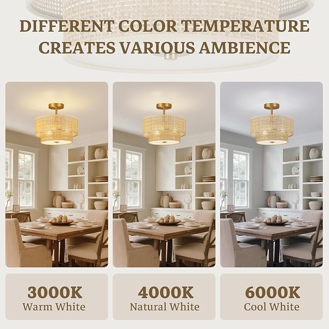 Boho Light Fixture Ceiling Mount,13'' Semi Flush Mount Ceiling Lights Fixture,3-Light Farmhouse Chandelier,Rattan Ceiling Light with 2-Tier Drum Shade,Drum Light Fixture for Bedroom Living Room