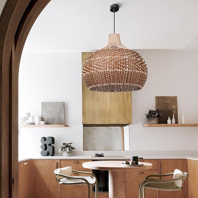 Arturesthome 19.68" Wicker Chandelier Coffee,Boho Basket Rattan Pendant Lighting Fixtures,Large Natural Woven Hanging Ceiling Lights Lamp Shade for Kitchen Island
