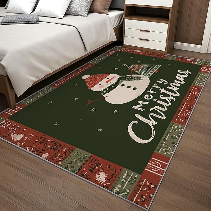 Kids Christmas Area Rug, 6x9 Rug for Bedroom, Snowman Xmas Tree Snowflake Washable Rugs for Living Room, Non Slip Soft Low Pile Stain Resistant Carpet, Christmas Holiday Room Decor