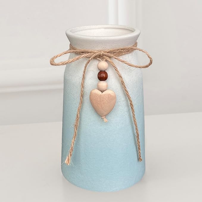 Elegant Ceramic Vase | 6-Inch Flower Vase with Jute Rope & Heart Charm | Modern, Farmhouse, & Boho Home Décor, Blue Color