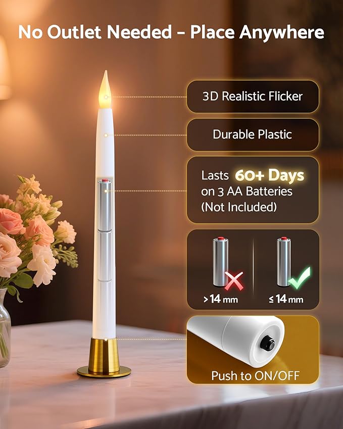 10.5" Flameless Taper Candles, Battery Operated Plastic LED Candlesticks with Remote, Timer & Dimmer, 3D Flickering Flame for Wedding, Christmas, Halloween, Home Decor, 6 Pack, White