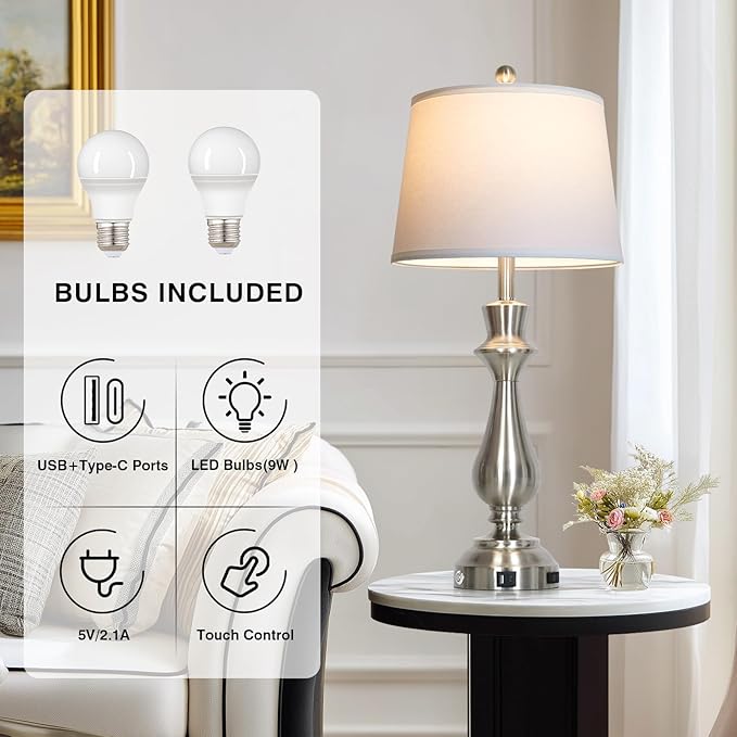 Modern Silver Table Lamps Set of 2 for Living Room,30" Tall Bedside Lamp with USB Charging Port,3-Way Dimmable Touch Nightstand Lamp for Bedroom Desk Side Table Office,Silver