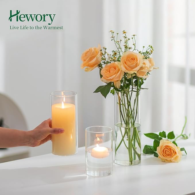 Glass Cylinder Vases Set of 6, Hewory Tall Clear Vase for Centerpieces, Glass Hurricane Candle Holders for Pillar or Floating Candles, Round Vases for Wedding Anniversary Events Table Decor, 3.3in