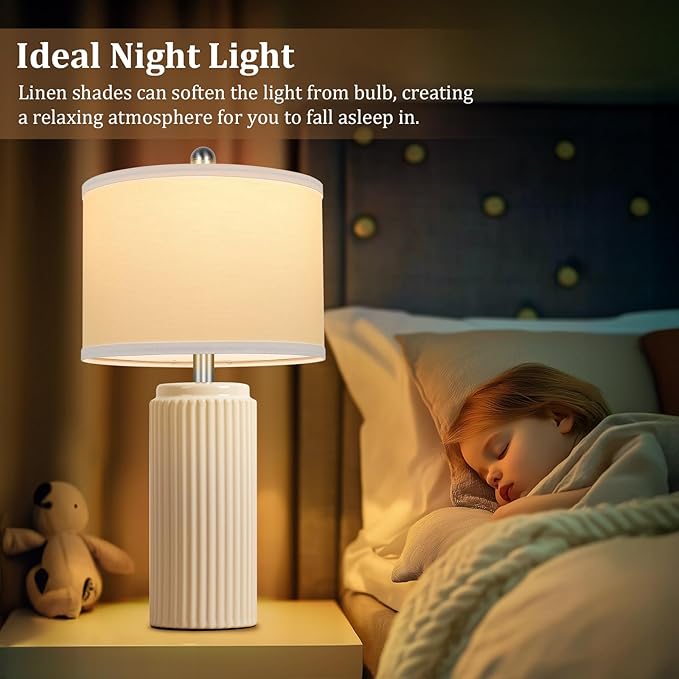 TOBUSA 23.5’’ Modern Ceramic Table Lamps Set of 2 for Living Room, Farmhouse Vintage Bedside Table Lamps with White Linen Shade, Rustic Bedroom Ceramic Lamps for Nightstand Home Office End Table Dorm