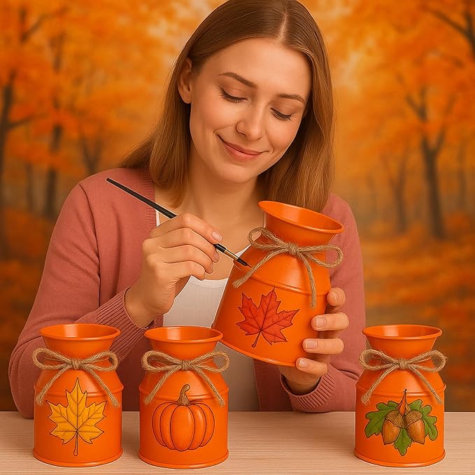 Domensi 5.12 Inch Farmhouse Metal Flower Vase Decor Rustic Galvanized Milk Can Jug Vase with Bow Flower Buckets for Table Centerpiece Fall Halloween Wedding Home Dinging Room Decor(Orange,6 Pcs)