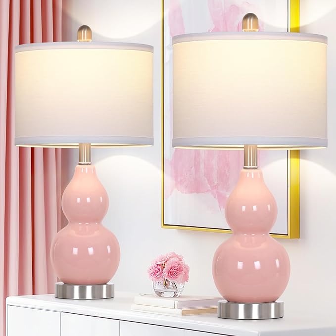 22" Double Gourd Ceramic Table Lamps Set of 2, Pink Modern Bedside Lamps for Living Room, Contemporary Nightstand Desk Lamps for Bedroom End Table Home Office Decor(2 LED Bulbs Included)