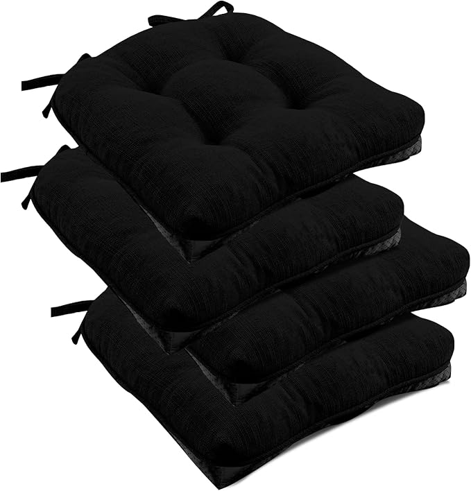 downluxe Indoor Chair Cushions for Dining Chairs, Tufted Overstuffed Textured Foam Kitchen Chair Pads with Ties and Non-Slip Backing, 15.5" x 15.5" x 4", Black, 4 Pack