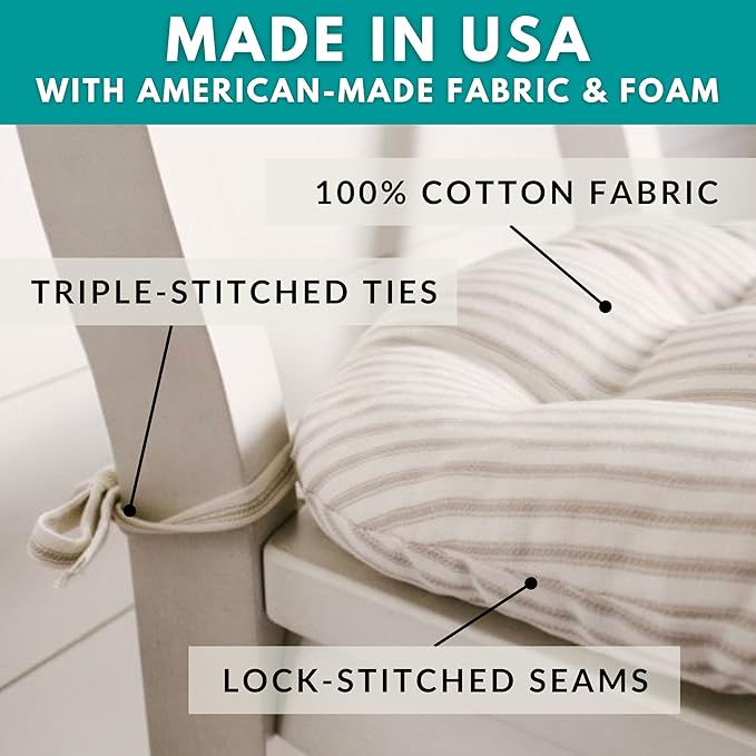Barnett Home Decor Dining Chair Cushions with Ties, 16.5 x 18 Inches, Pack of 4 – Machine Washable, Made in USA with 100% Cotton and Latex Foam Fill for Comfortable Seating – Ticking Stripe Navy Blue