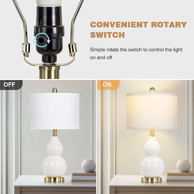 22" Modern Double Gourd Ceramic Table Lamps Set of 2, White Bedside Lamps for Living Room, Contemporary Nightstand Desk Lamps for Bedroom End Table Home Office Decor(2 LED Bulbs Included)