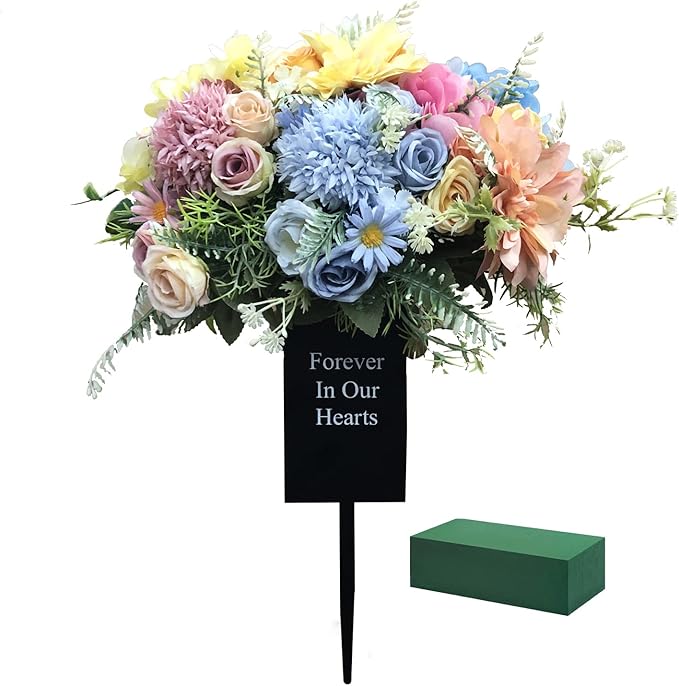 Metal Grave Vase Flower Holder in Ground Cemetery Vase Grave Decorations with Spikes and Floral Foam (Square) Black