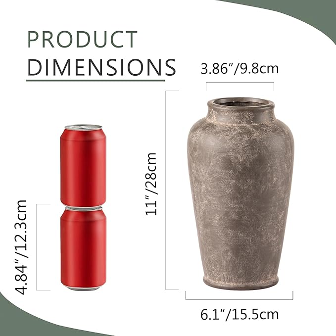 Large Ceramic Rustic Vase, 11 Inch Tall Flower Vase Farmhouse Decorative Vase Floral Pottery Vases for Home Decor Table Living Room Entryway Mantel Bookshelf Bedroom Bathroom Kitchen - Brown