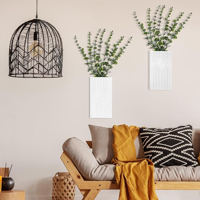 2 Pack Modern Farmhouse Wall Decor Wood Planter Vase with Artificial Eucalyptus Farmhouse Bohemian Hanging Wall Decor for Bathroom Dinning Room Living Room Hallway Bedroom(White)