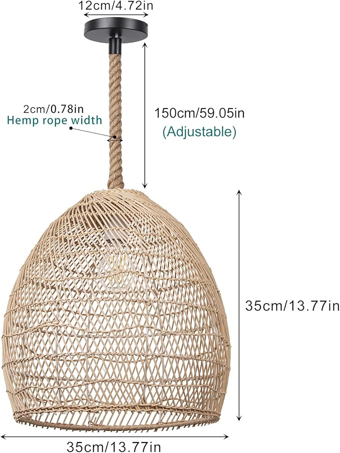 1 Light Boho Chandelier Rattan Dining Lighting Fixture, 13.77''W Woven Hemp Rope Kitchen Pendant Light, Coastal Wicker Natural Ceiling Hanging Lamp Crafts Lampshade for Bedroom Living Room