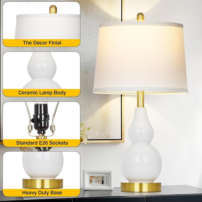 25" Ceramic Table Lamps Set of 2, Modern Double Gourd Ceramic Table Lamp for Living Room，White Rustic Farmhouse Bedside Nightstand Lamps with Fabric Shades for Bedroom Desk End Table Home Office Decor