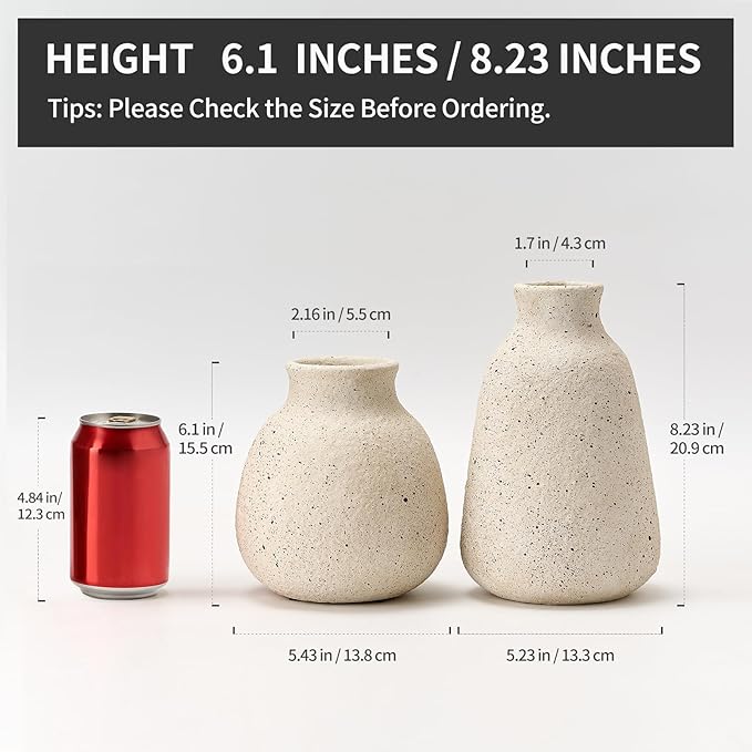 Ceramic Vase Set of 2 for Home Decor, Handcrafted Sesame Dot White Rustic Terracotta Vases, Vintage Farmhouse Decor, Minimalist Decorative Vases for Table Centerpiece Fireplace Nightstand Decoration