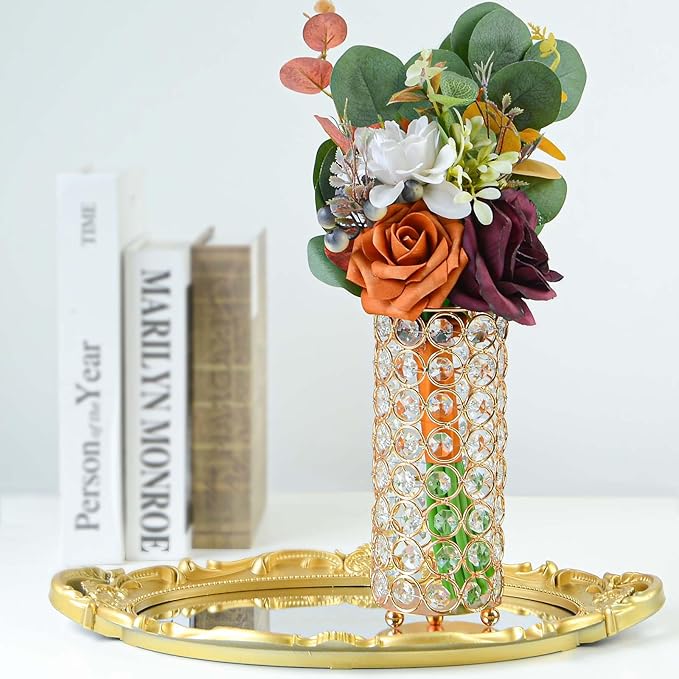 8 Pcs Crystal Metal Vase Centerpiece, 7.9" Cylinder Flower Vase and Hollow-Out Candle Holder for Wedding, Party, Home Table Decor (8, Gold)