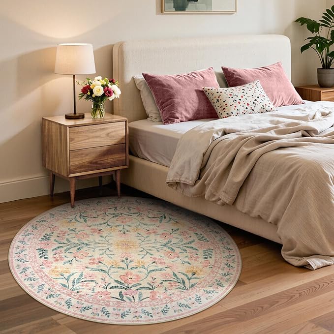 Lahome Pink Floral 6 ft Round Rug, Soft Cozy Circle Rug for Tween Girls Bedroom Decor, Machine Washable Nursery Carpet with Non-Slip Backing for Retreat or Reading Nook