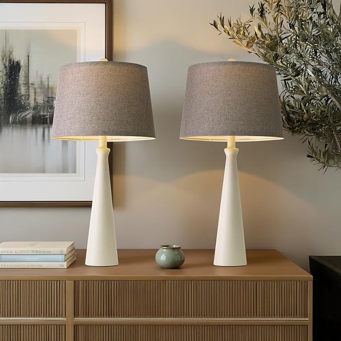 Oneach 25.75" White Table Lamp Set of 2, Modern Vintage Bedside Table Lamps with USB Ports, Traditional Nightstand Desk Lamps Set for Living Room Bedroom