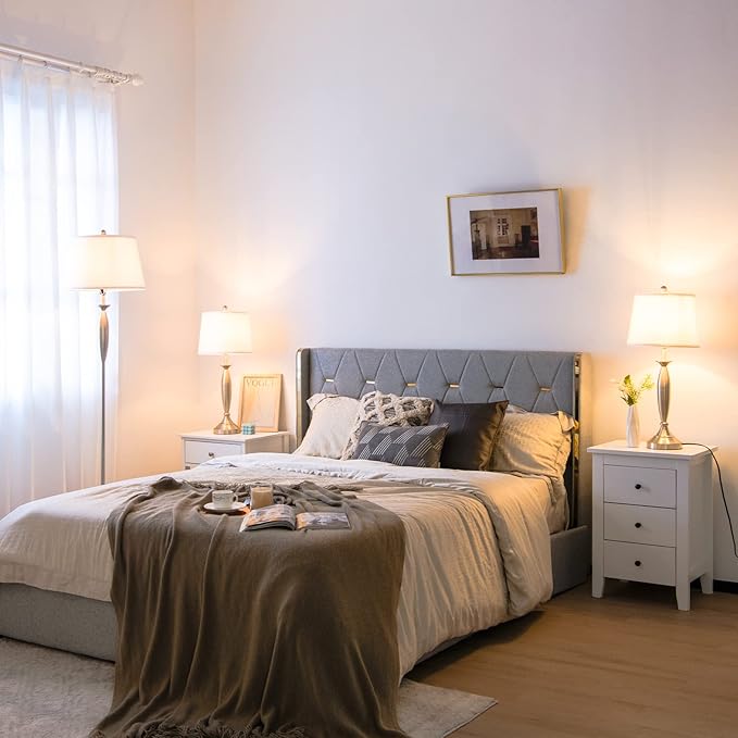 Tangkula 3-Piece Modern Lamp Set, 2 Table Lamps & 1 Floor Lamp with Weighted Base and Eye-Protecting Lamp Shade, Perfect for Bedroom & Living Room, 3 x E26 Bulbs Required (Nickel)