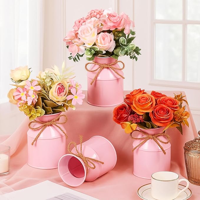 Domensi 5.12 Inch Farmhouse Metal Flower Vase Decor Rustic Galvanized Milk Can Jug Vase with Bow Flower Buckets for Table Centerpiece Fall Halloween Wedding Home Dinging Room Decor(Pink,12 Pcs)