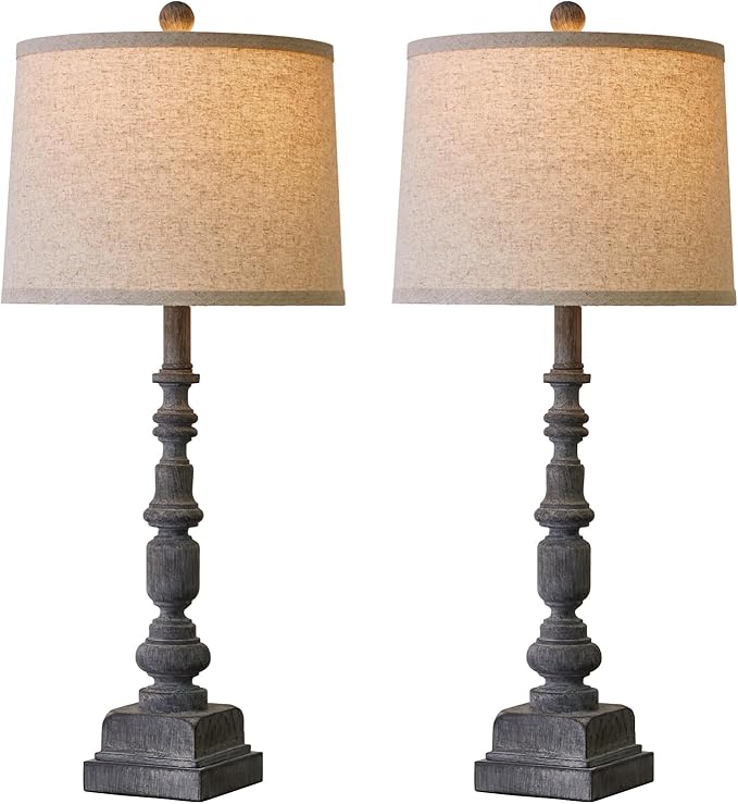 Oneach 27.75" Vintage Farmhouse USB A+C Table Lamps Set of 2 for Living Room Traditional Bedside Lamps for Bedroom Office Mid Century Table Lamp Antique Grey Accent Rustic Lamps for End Table
