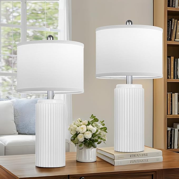 TOBUSA 23.5’’ Modern White Ceramic Lamps Set of 2, Living Room Retro Side Table Lamps, Farmhouse Bedside Nightstand White Lamps for Bedroom with Linen Shade, Elegant Decor Lamp Sets for Home Office
