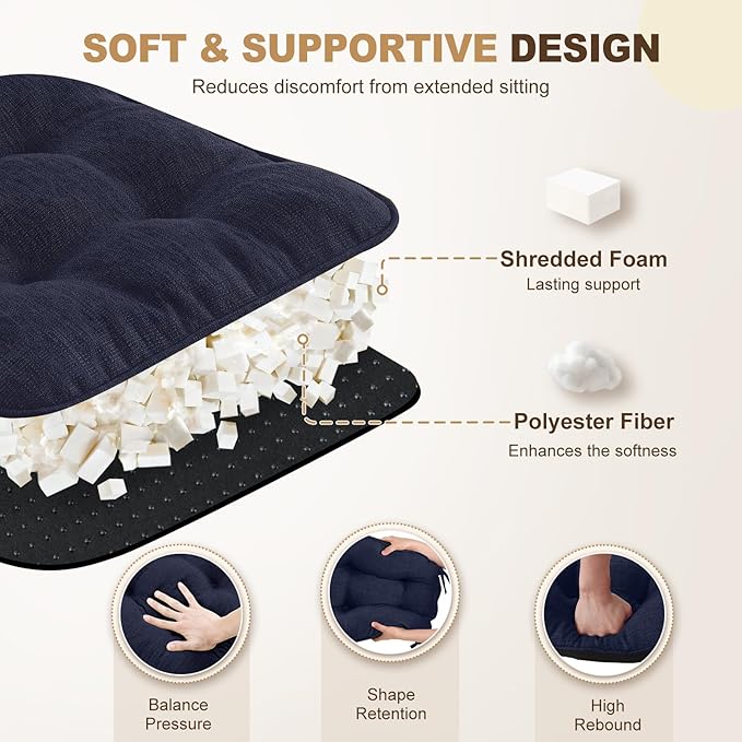 downluxe Indoor Chair Cushions for Dining Chairs, Tufted Overstuffed Textured Foam Kitchen Chair Pads with Ties and Non-Slip Backing, 15.5" x 15.5" x 4", Navy, 4 Pack