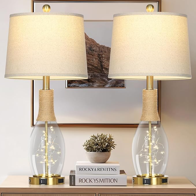 28" Boho Table Lamps Set of 2, Coastal Glass Lamps with USB A+C Ports and Outlet, Nautical Beach Bedside Lamp for Living Room Bedroom Night Stands(2 LED Bulbs Included), Gold