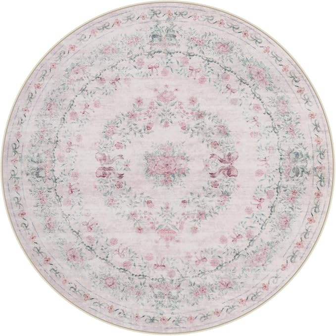 Wonnitar Bow Print Washable 4ft Round Rug, Pink Circle Rug for Girl Nursery Decor, Non Slip Ultra-Thin Soft Boho Floral Small Cute Circular Carpet for Kids Bedroom Baby Room, Light Pink