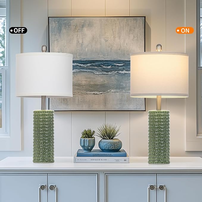 24.5" Green Ceramic Table Lamps Set of 2, Farmhouse Table Lamps for Living Room, Modern Lamps for Bedroom Night Stands, Traditional Nightstand Desk Lamps(LED Bulbs Included)
