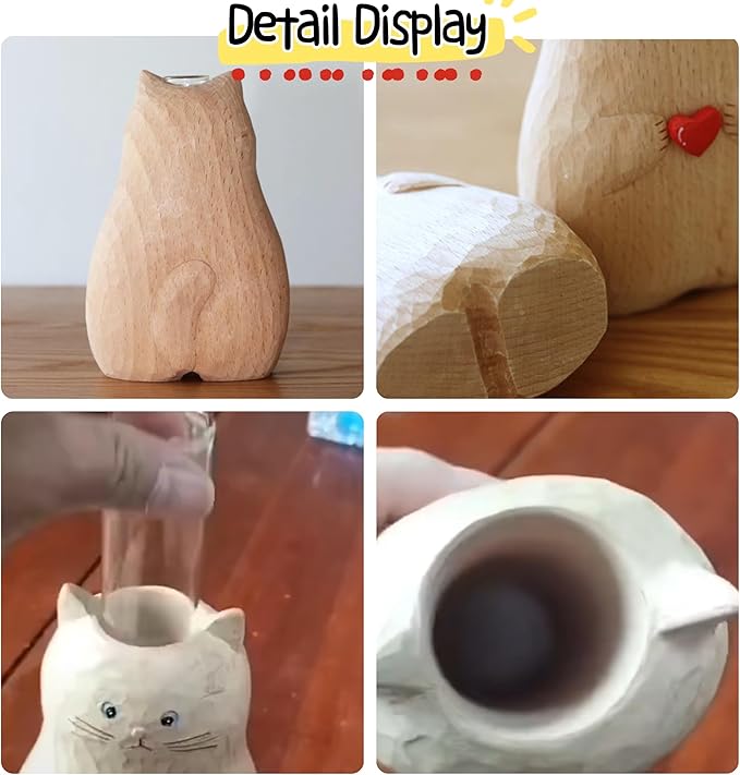 Wooden Color Cat Vase Handmade - BSELUTNGY Cute Creative Desktop Ornament and Healing Series for Office Decor Animal Design