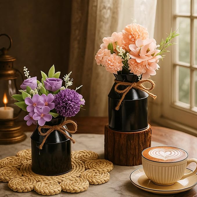 Domensi 5.12 Inch Farmhouse Metal Flower Vase Decor Rustic Galvanized Milk Can Jug Vase with Bow Flower Buckets for Table Centerpiece Fall Halloween Wedding Home Dinging Room Decor(Black,6 Pcs)