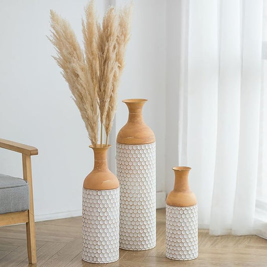 Sziqiqi Rustic White Floor Vases Set of 3-27/20/16in Metal Extra Large Vase for Dried Flowers Shabby Chic Oversized High Vases Standing Antique Terracotta Farmhouse Vase for Pampas Grass Twigs Wicker