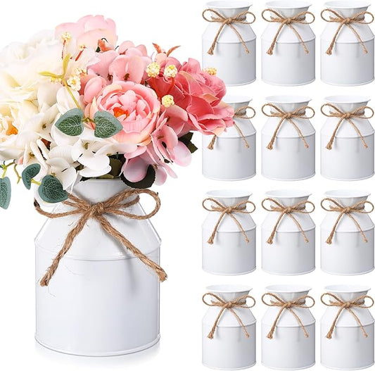 Domensi 5.12 Inch Farmhouse Metal Flower Vase Decor Rustic Galvanized Milk Can Jug Vase with Bow Flower Buckets for Table Centerpiece Fall Halloween Wedding Home Dinging Room Decor(White,12 Pcs)