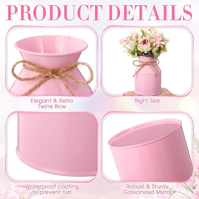 Domensi 5.12 Inch Farmhouse Metal Flower Vase Decor Rustic Galvanized Milk Can Jug Vase with Bow Flower Buckets for Table Centerpiece Fall Halloween Wedding Home Dinging Room Decor(Pink,12 Pcs)