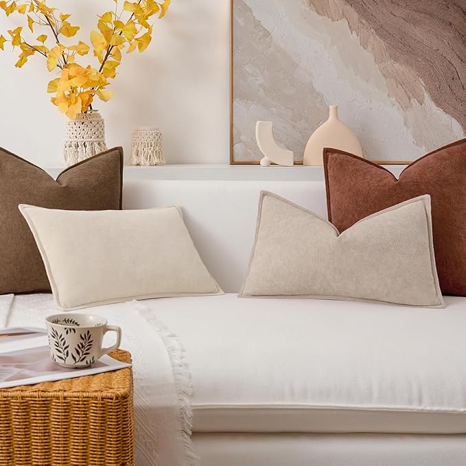 Kevin Textile Waterproof Decorative Pillow Covers Cream White 12x20 Inch Pack of 2 Soft Boucle Textured Lumbars Cushions Elegant Accent Pillows for Couch Sofa Chair Bed Home Decor Indoor Outdoor
