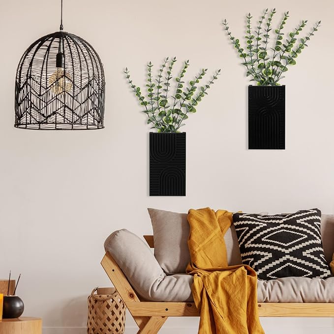 2 Pack Modern Farmhouse Wall Decor Wood Planter Vase with Artificial Eucalyptus Farmhouse Bohemian Hanging Wall Decor for Bathroom Dinning Room Living Room Hallway Bedroom(Black)