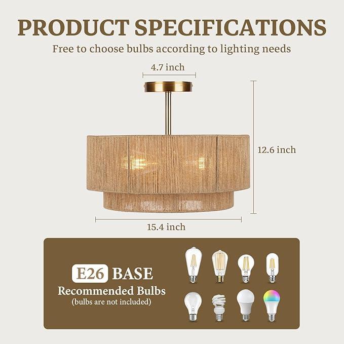 16'' Semi Flush Mount Ceiling Light,Boho Light Fixtures,3-Light Coastal Hemp Rope Ceiling Light Flush Mount with 2-Tier Drum Shade,Farmhouse Rattan Ceiling Lights for Bedroom, Kitchen,Living Room