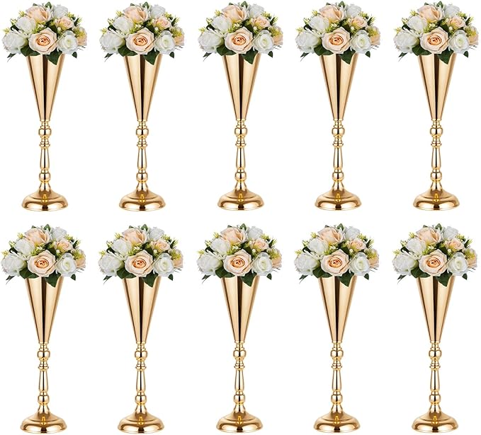 10 Pcs Tabletop Decoration Centerpiece, 14.4in Metal Wedding Flowers Small Gold Vase, Christmas Anniversary Birthday Party Home Decoration Flower Arrangement