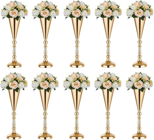 10 Pcs Tabletop Decoration Centerpiece, 14.4in Metal Wedding Flowers Small Gold Vase, Christmas Anniversary Birthday Party Home Decoration Flower Arrangement