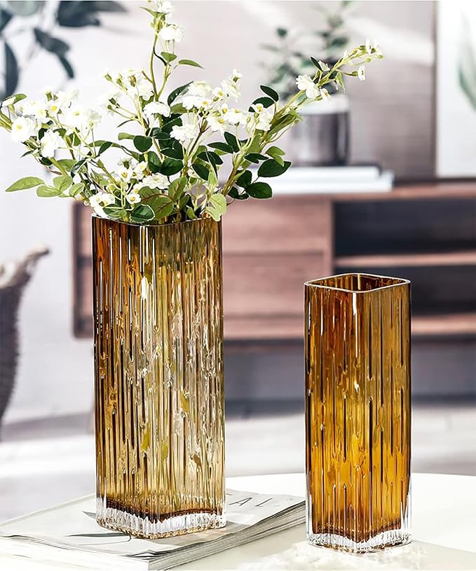 Modern Minimalist Glass Square vase, Crystal Glass vase, vase, Dry vase (Amber)