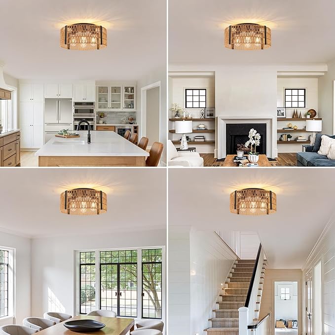 Rattan Ceiling Light Fixture 4-Light Farmhouse Ceiling Light 17.7" Boho Flush Mount Ceiling Lights for Dining Room Kitchen Bedroom Living Room, E26 Base (Not Included Blub)