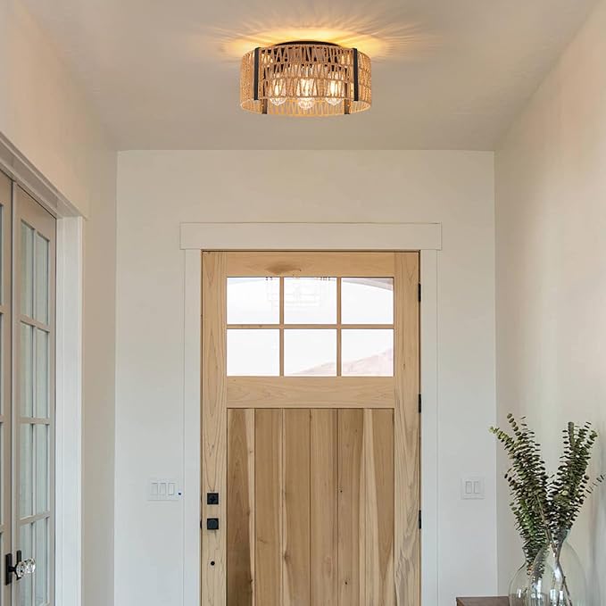 Rattan Ceiling Light Fixture 4-Light Farmhouse Ceiling Light 17.7" Boho Flush Mount Ceiling Lights for Dining Room Kitchen Bedroom Living Room, E26 Base (Not Included Blub)
