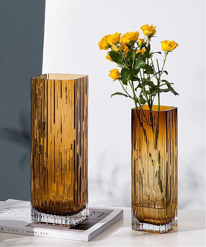 Modern Minimalist Glass Square vase, Crystal Glass vase, vase, Dry vase (Amber)